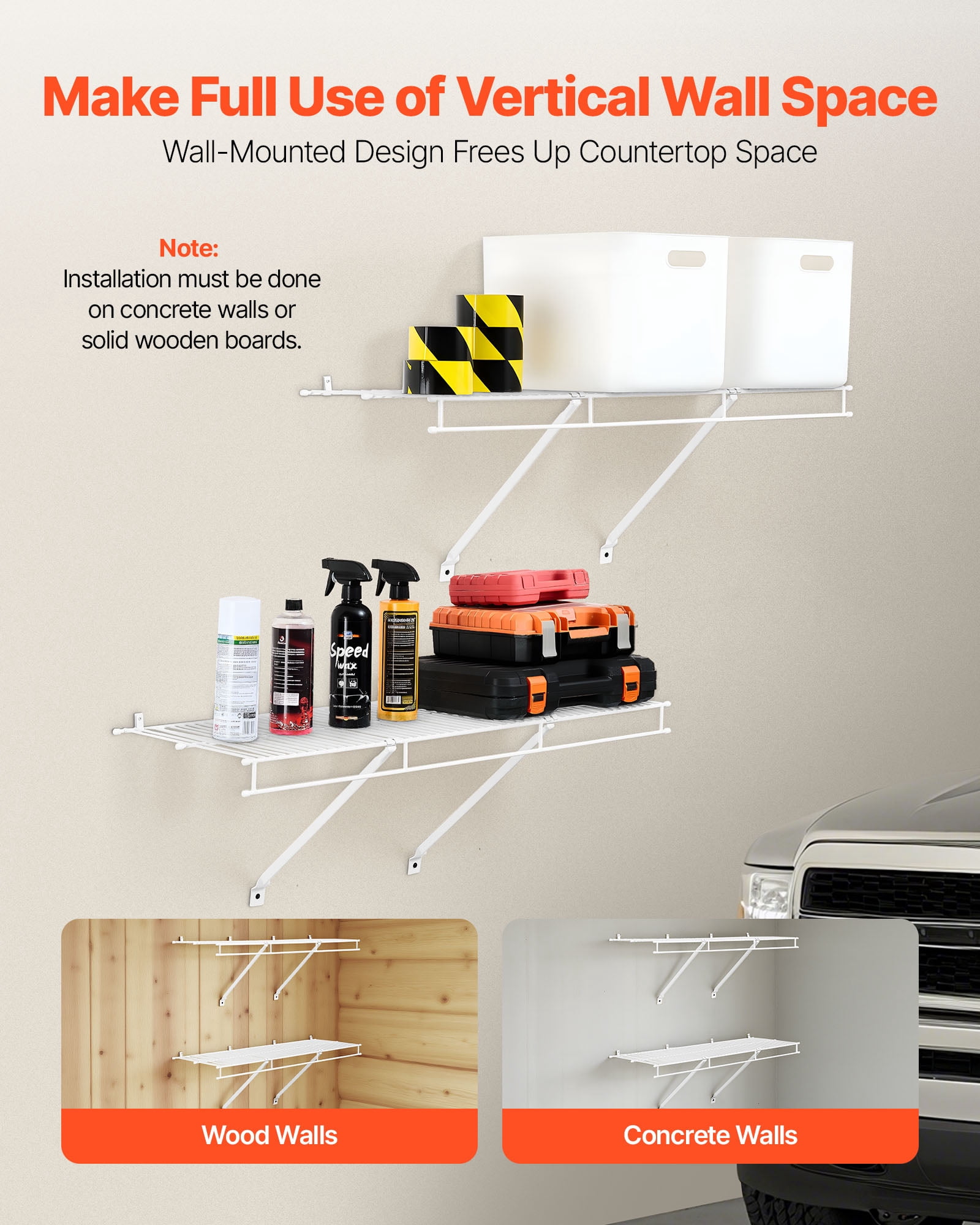 VEVOR Wire Shelf Kit, 3 ft, Set of 2, Wall Mounted Wire Shelves, Heavy-Duty Carbon Steel Hanging Shelf, Floating Wall Storage Shelves with Dip Coating, for Closet, Bedroom, Living Room, Office,Pantry