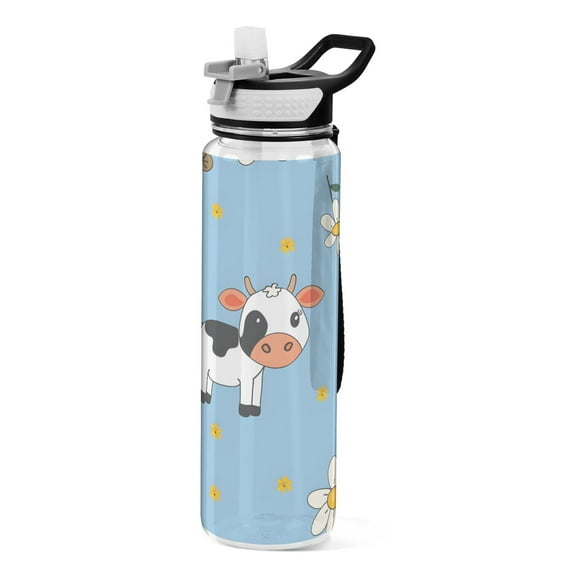 32 Oz Sports Water Bottle with Straws Cute Little Cow and Daisy Tritan Clear Bottles BPA Free Leakproof Cup for Outdoor School Gym Fitness