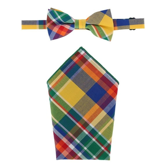 CTM  Cotton Vivid Plaid Bow Tie and Handkerchief Set (Men)