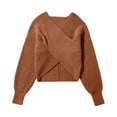 thumbnail image 4 of UJNDER Fashion Solid Crop V Neck Long Sleeve Knit Sweater Pullover for Women Coffee XL, 4 of 5