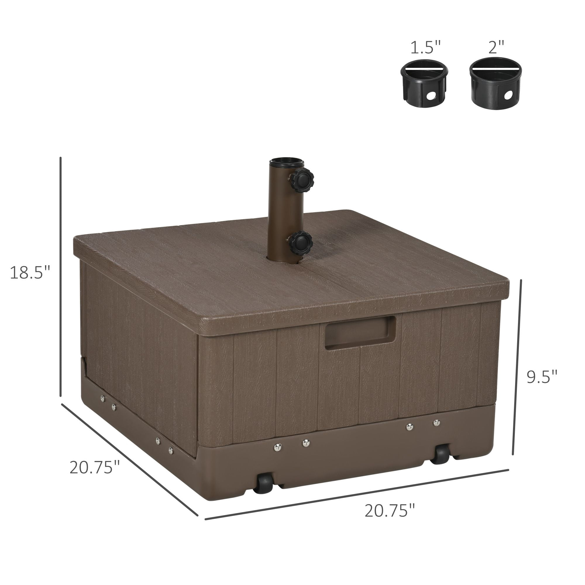 3-in-1 Outdoor Umbrella Base, Coffee End Table, Flower Box Planter, 175lbs Capacity Patio Umbrella Stand Table with Wheels and Handles, Brown