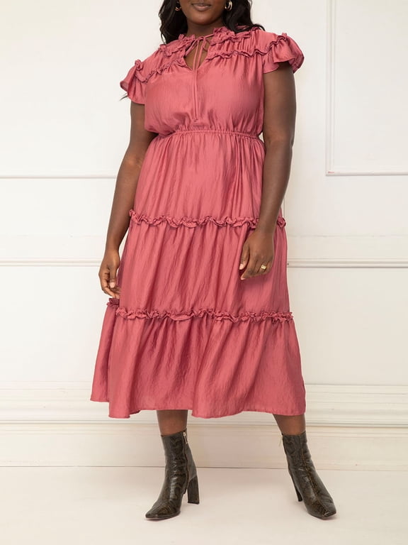 Women's Plus Size Ruffle-Sleeve Yoke Tiered Midi Dress