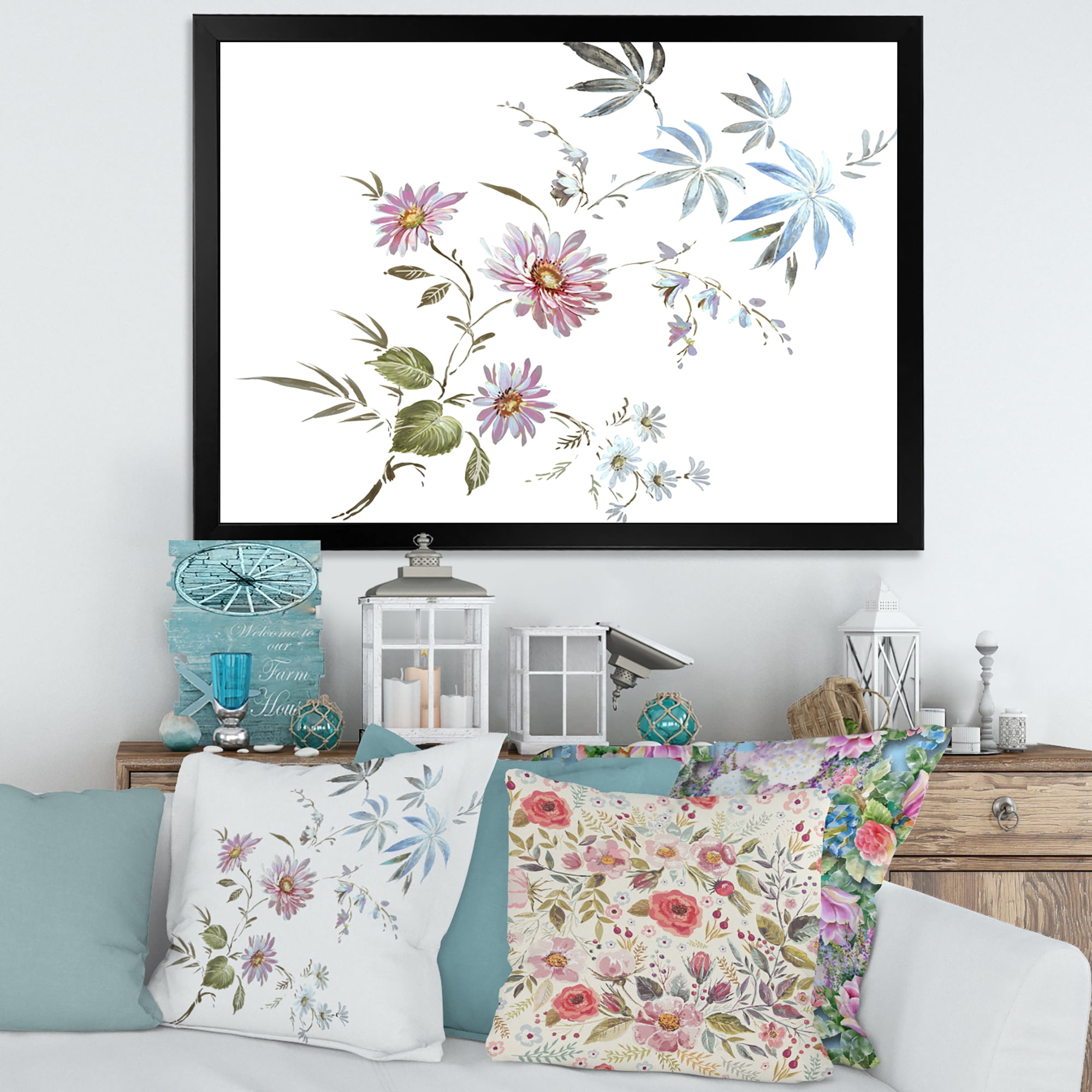 Designart 'Pink and Blue Wildflowers I' Traditional Framed Art Print