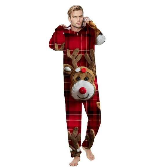 TFEOQRY Christmas Pajamas for Family Men Christmas Fashion Printing Onesie Sleepwear Long Sleeved Hooded Bodysuit Pajamas Multicolor（Dad)
