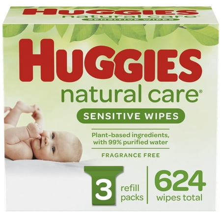 Huggies Natural Care Sensitive Baby Wipes, Unscented, 3 Refill Packs (624 Wipes