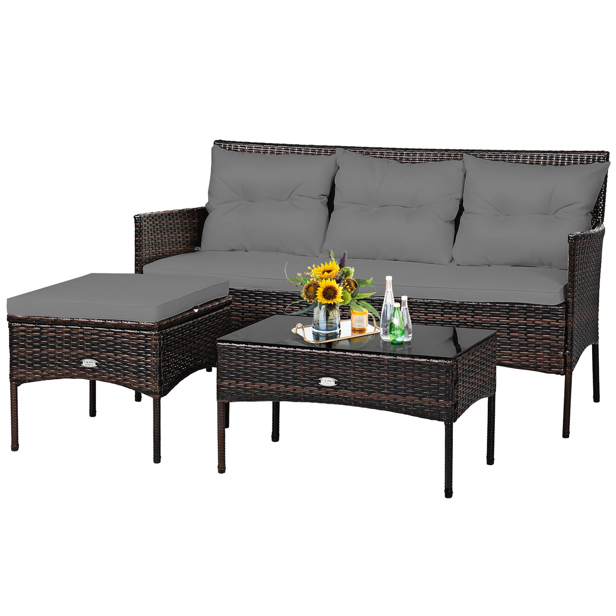 Costway 3PCS Patio Rattan Furniture Set 3-Seat Sofa Cushioned Table Garden Gray