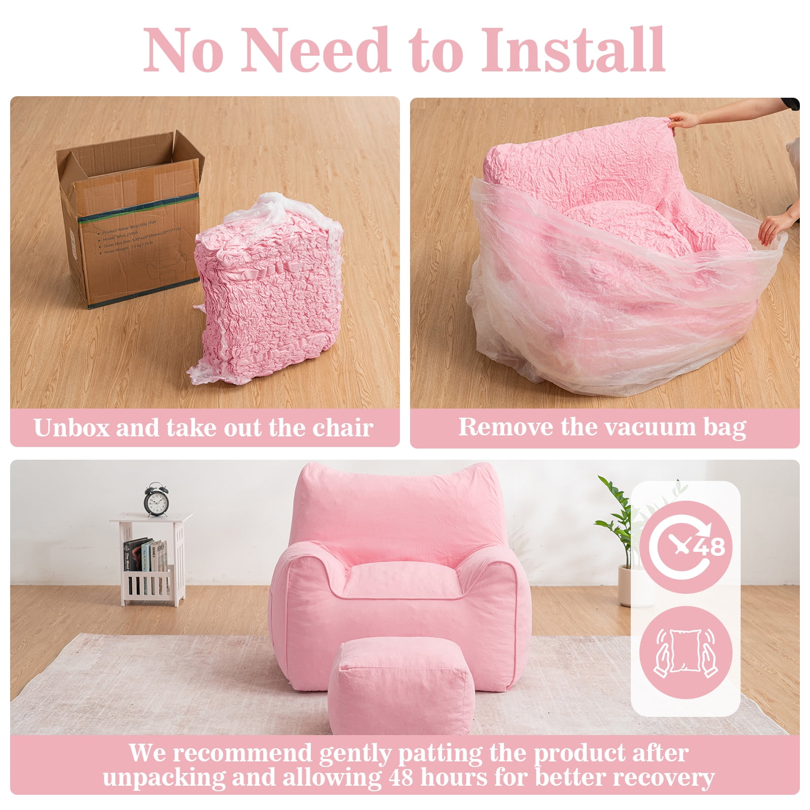 Lusimo Bean Bag Chair with Ottoman Bean Bag with Footstool for Adults Teens, Bean Bag Sofa with Washable Cover, Pocket, Handle for Bedroom, Living Room, Pink