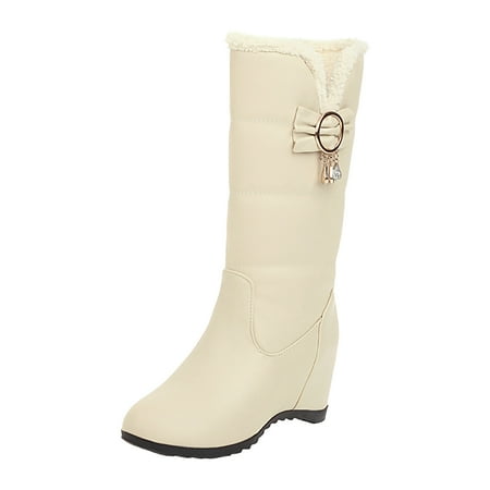

ZHAGHMIN Gothic Boots Ladies Fashion Solid Color Leather Bow Metal Button Cotton Boots Plush Wedge Heel Thick Soled Medium Boots Riding Boots For Women Wide Calf Heel Suede Boots For Women Mid Calf
