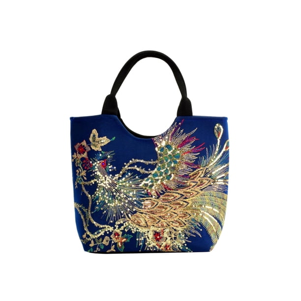 CHAXIN Bolso de hombro de estilo étnico para mujer, bandolera de lona con bordado de pavo real, informal, con colgante de cuentas, de gran capacidad