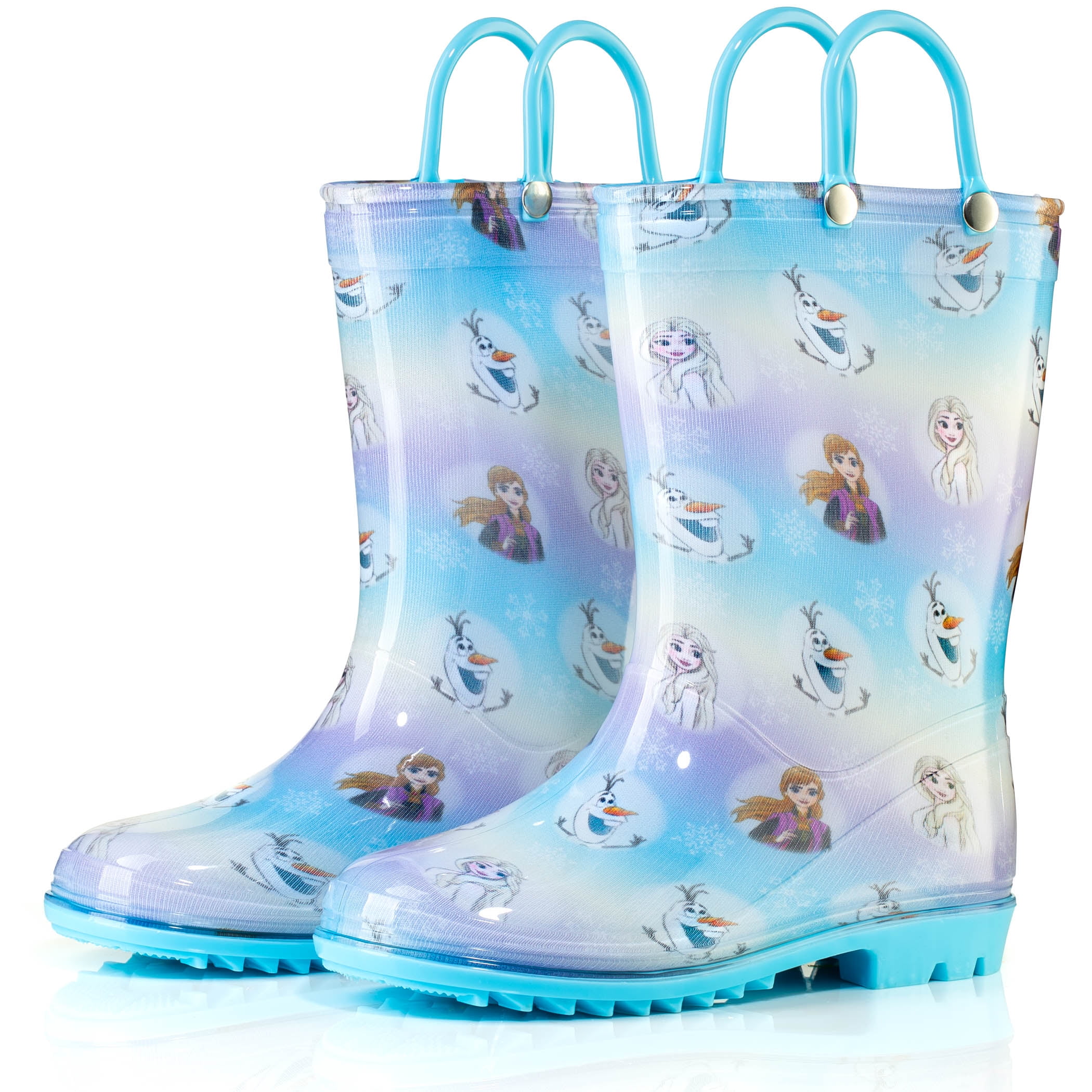 Disney Frozen 2 Girls Anna, Elsa and Olaf Pink PVC Waterproof Licensed Rain Boots Easy-On Handles - Size 12 Little Kid