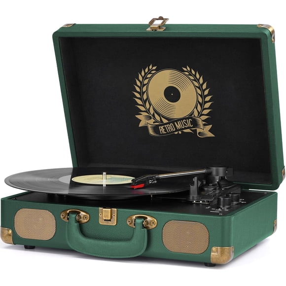 Vinyl Record Player Bluetooth Turntable 3-Speed Suitcase Portable Vintage Belt-Driven Record Player with Built-in Speakers RCA Line Out AUX in Headph
