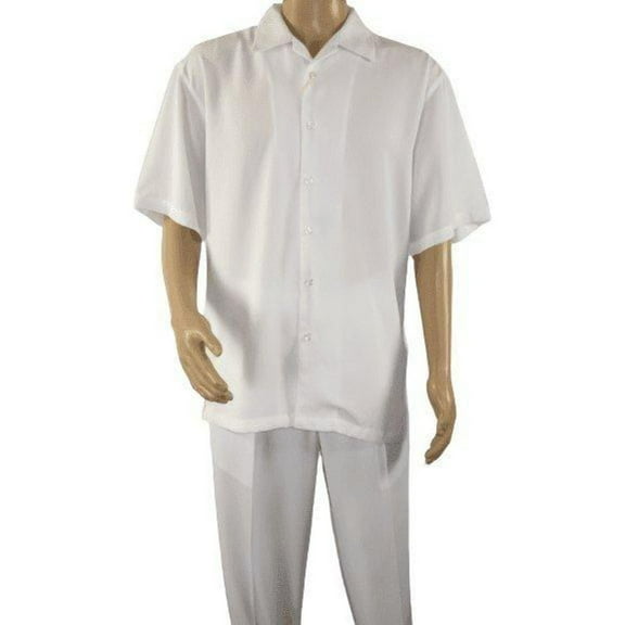 Mens INSERCH 2pc Walking Leisure Suit Shirt Pants Set Short Sleeves 9356 White