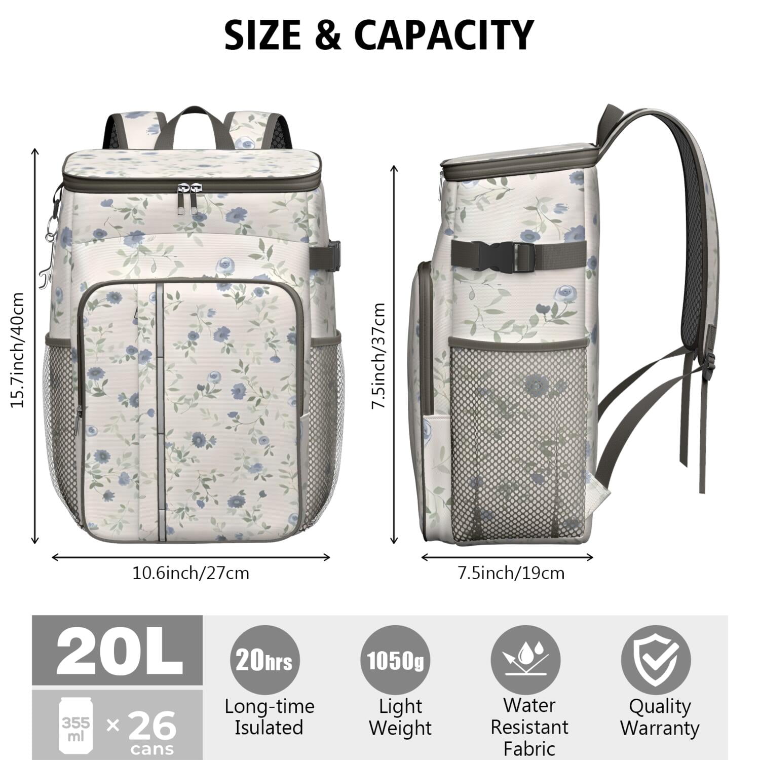 Travel Cooler Bag - Pioneer Flower Floral Print Pattern Camping Beer Cooler Backpack with Bottle Opener- Waterproof Insulated Picnic Backpacks - Cooler Bag for Beach
