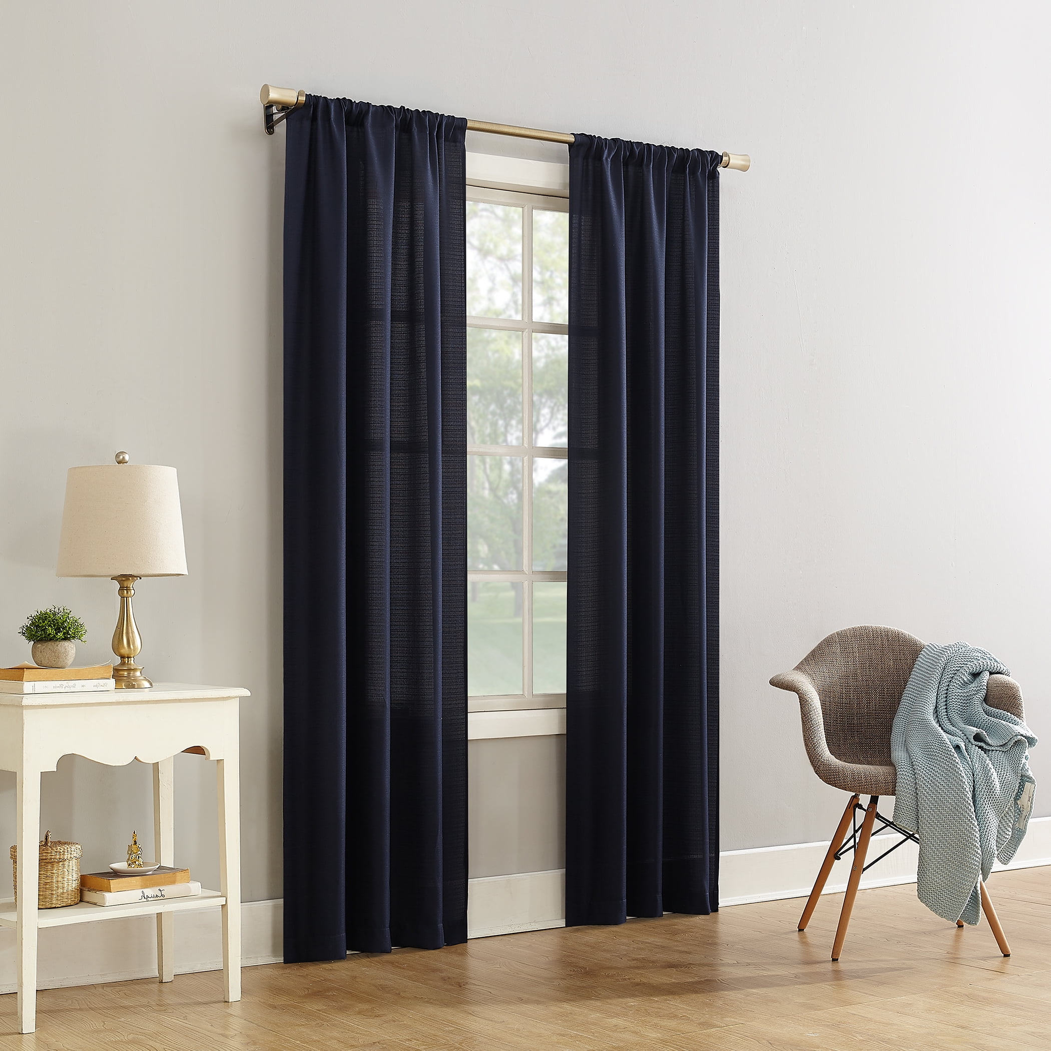 Mainstays Lauren Semi Sheer Textured Solid Rod Pocket Curtain, Single Panel, Navy, 38" W x 63"L