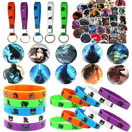 75 Pcs Godzilla Birthday Party Favor Supplies, Including 10 Bracelets, 10 Button Pins, 5 Keychains, 50 Stickers