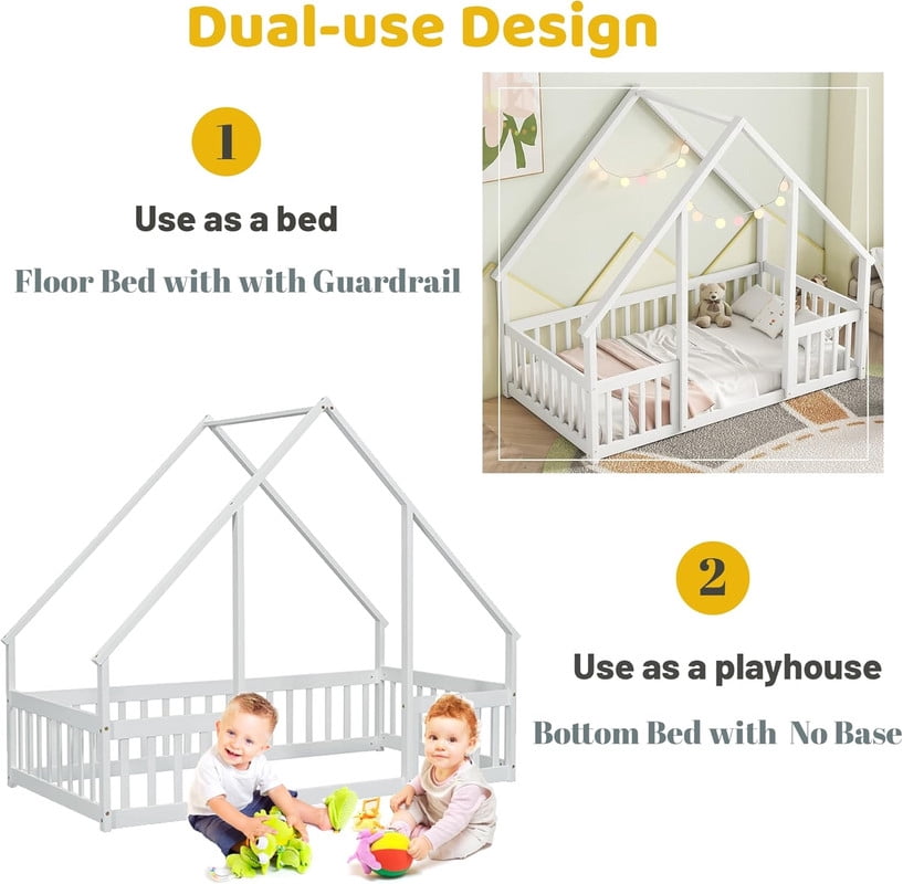 Duxelifin Twin Size House Floor Bed Frame with Triangular Roof and Fence Rails, Wooden Floor Bed Frame Girls,Boys, Montessori Floor Bed, Easy Assembly（White）