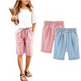 thumbnail image 4 of ZACPNCV 2PC Girls Casual Bermuda Shorts Kids Knee Length High Waisted Summer Shorts Comfy Drawstring Short Pants with Pockets Light Blue 3-4 Years, 4 of 5