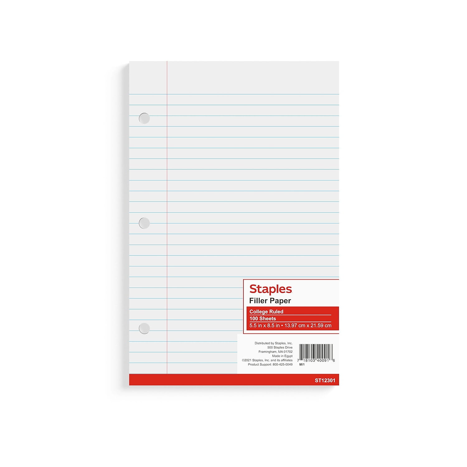 Staples College Ruled Filler Paper 5.5" x 8.5" 3Hole Punched White 300