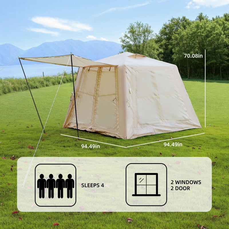 Beige 5.76 ㎡   Inflatable Camping Tent (4-Season: Canopy+Hand Pump, 2-3 Person Waterproof Oxford, Easy Setup Glamping Tent)