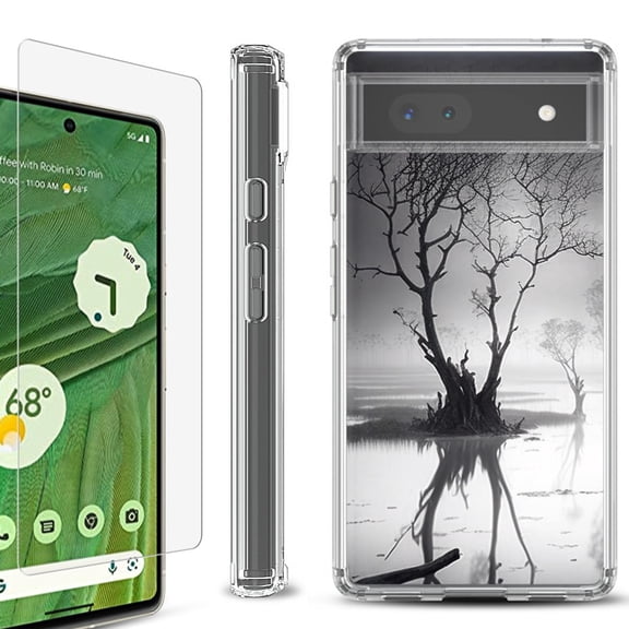 Shockproof Bumper Phone Case for Google Pixel 6a, with Tempered Glass Screen Protector, by OneToughShield ® - Tree BW