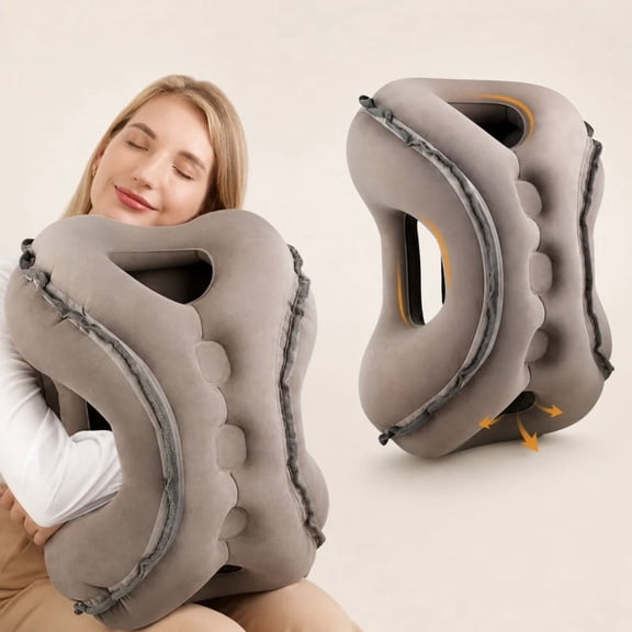 Linen Brown Oval Inflatable Travel Neck Pillow, 4-Hole Ergonomic Pillow with Arm Hole, Quick Inflation Skin-Friendly Flocked Fabric, Portable Neck Support for Airplane Car Train Office, Free Eye Mask