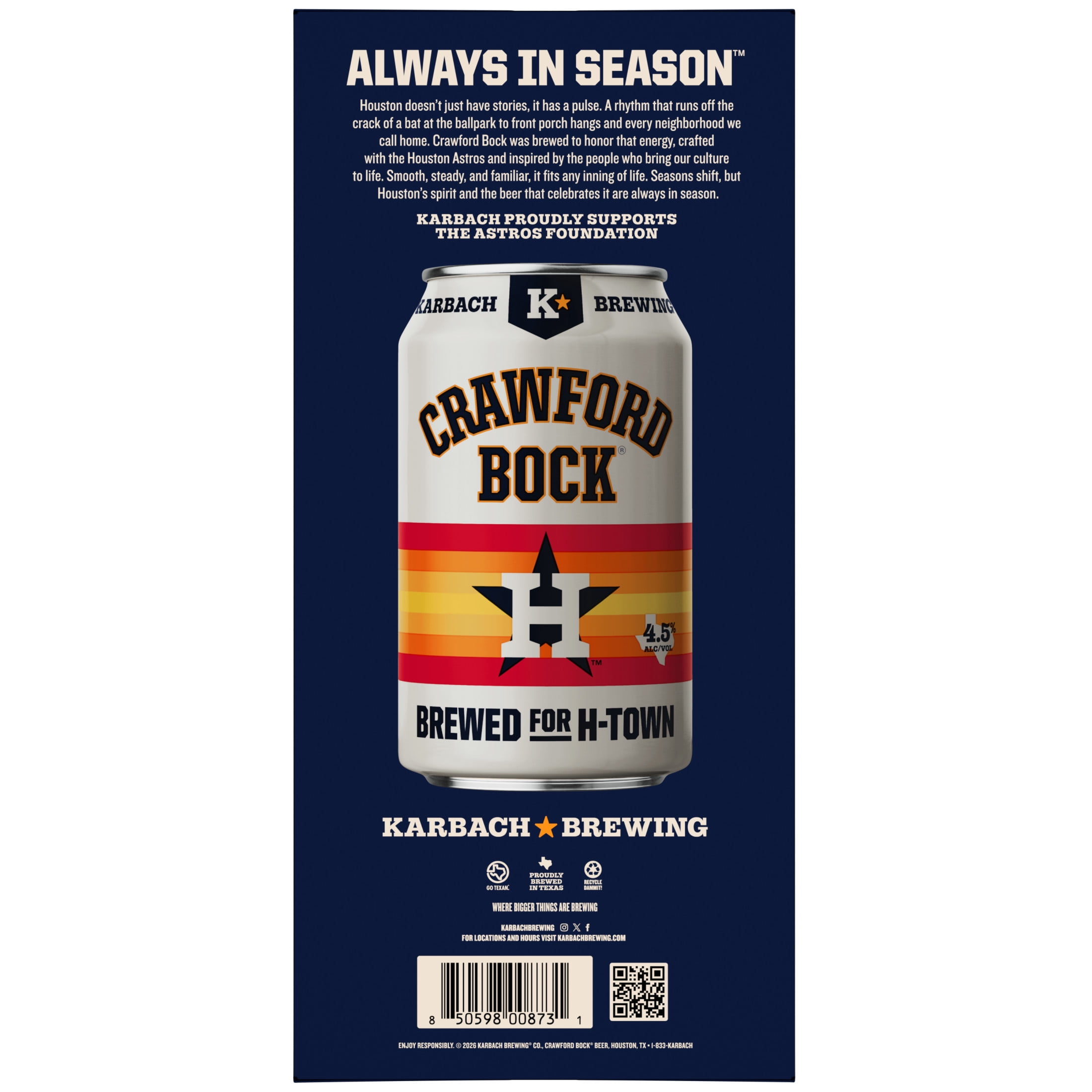Karbach Brewing Company Crawford Bock Craft Beer, 12 pack, 12 fl oz Aluminum Cans, 4.5% ABV
