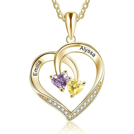 Custom Heart Promise Necklace with 2 Birthstones Name Engaving for Women Mother Daughter Mother's Day Gift 925 Sterling Silver