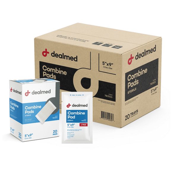 Dealmed Abdominal Combine Pads | 5" x 9" Individually Wrapped, Non Adherent ABD Pads for Wound Care, Drainage, First Aid Kit, Sterile, 20/Box (Pack of 20)