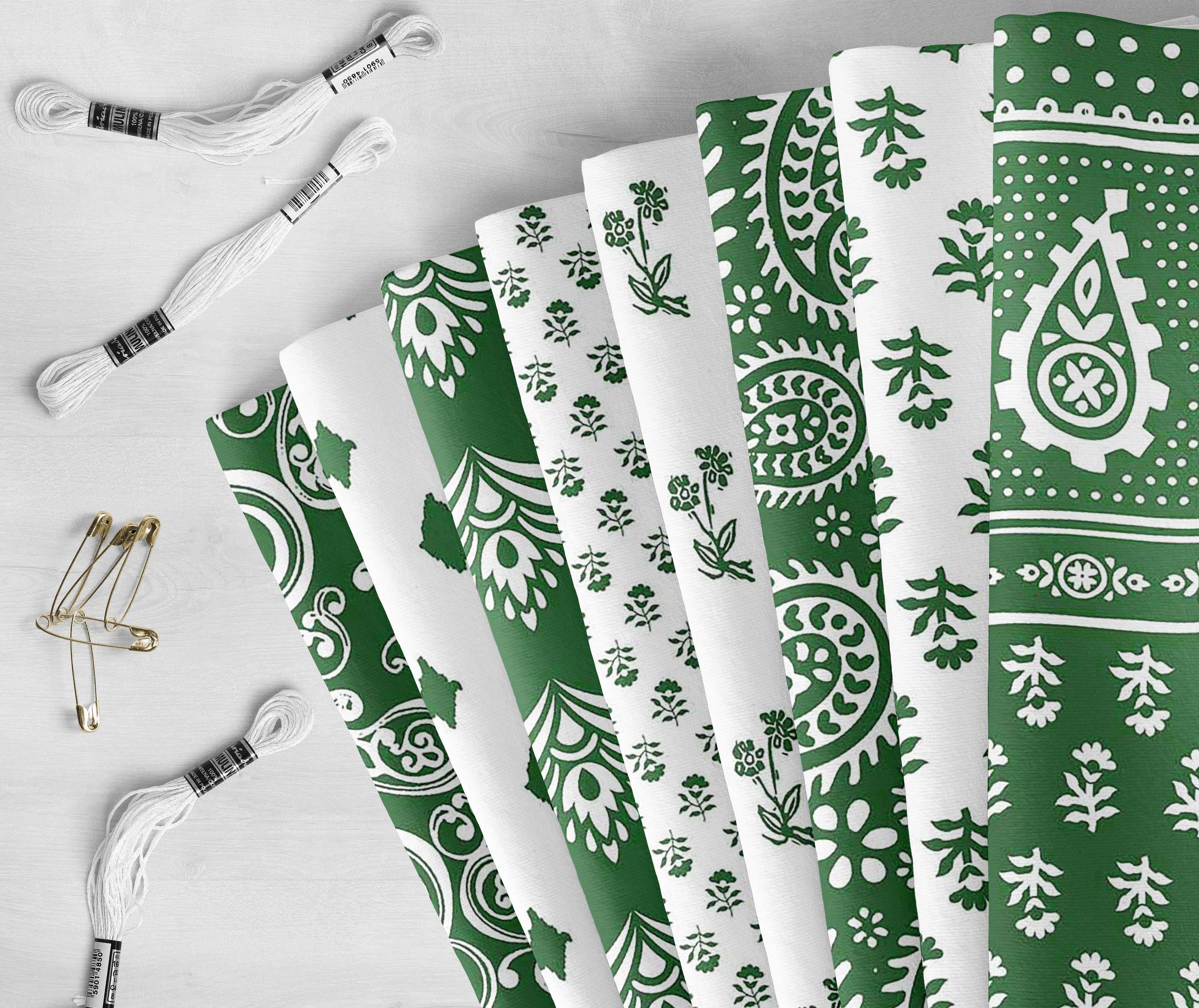 Soimoi 8 Pc Fat Quarter Bundle,Asian Block PaisleyPrint 18"x 22"DIY Patchwork-100% CottonPre-Cut Quilting Fabric White & Green