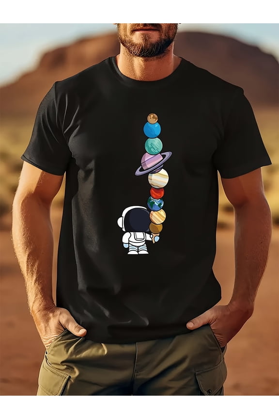 Men's Space-Themed 100% Cotton T-Shirt - Astronaut & Planets Print, Casual Short Sleeve, Comfortable Fit, Ideal for Daily Wear & Outdoor Activities