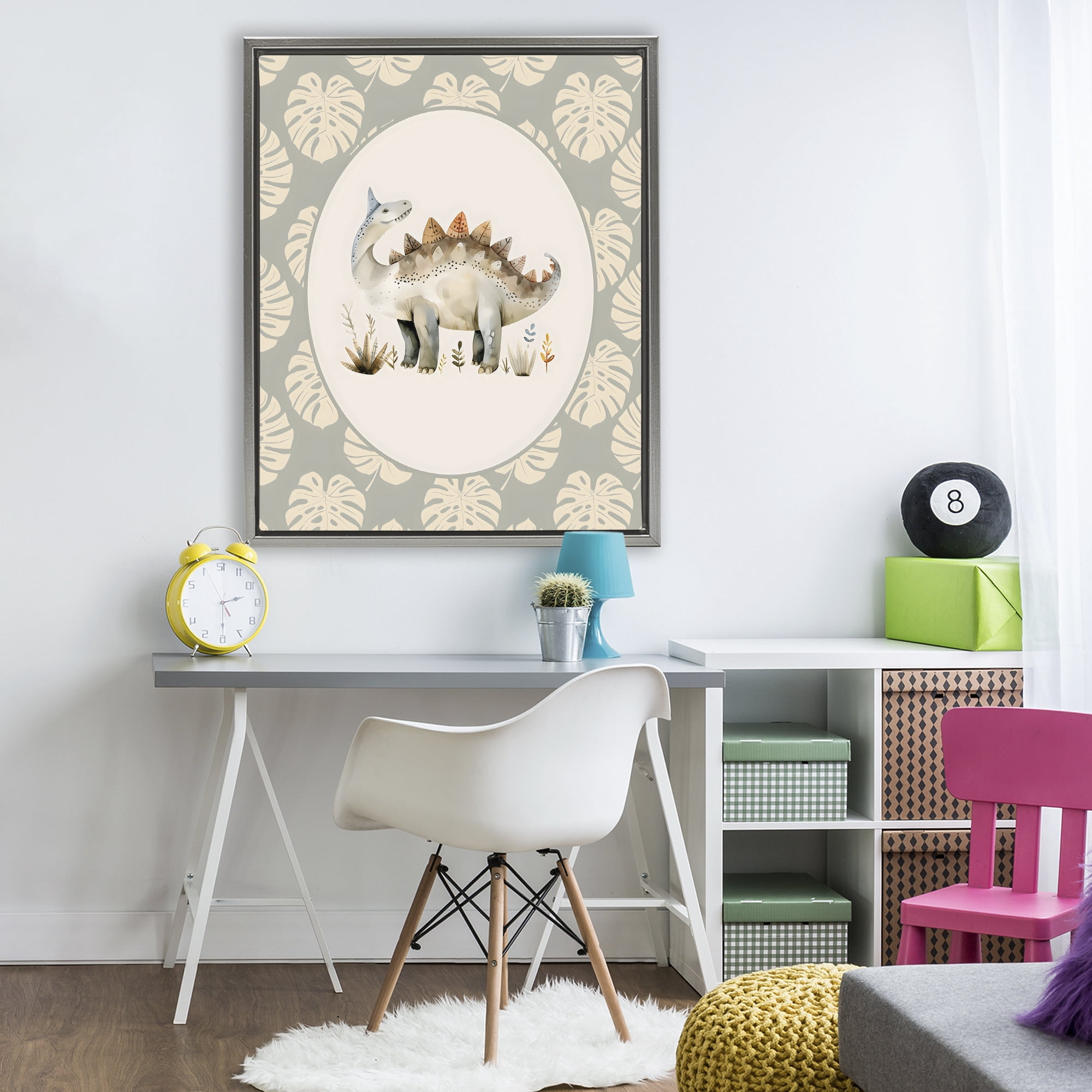 Stupell Industries Watercolor Dinosaur Monstera Border Gray Framed Floater Canvas Wall Art, design by LSR Design Studio