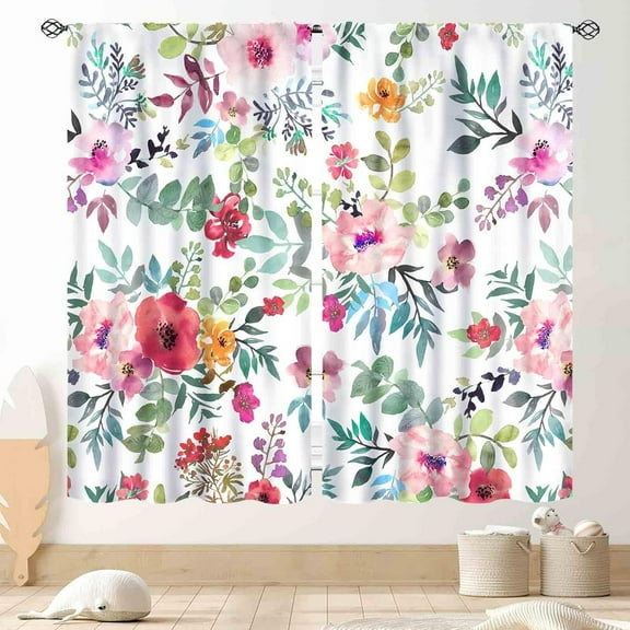 Floral Curtains, Vintage Flower Pink Floral Farmhouse Country Kitchen Curtains Drapes Watercolor Floral Spring Blackout Window Treatments for Living Room Bedroom Nursery 2 Panel Sets, 84"x84" Inch
