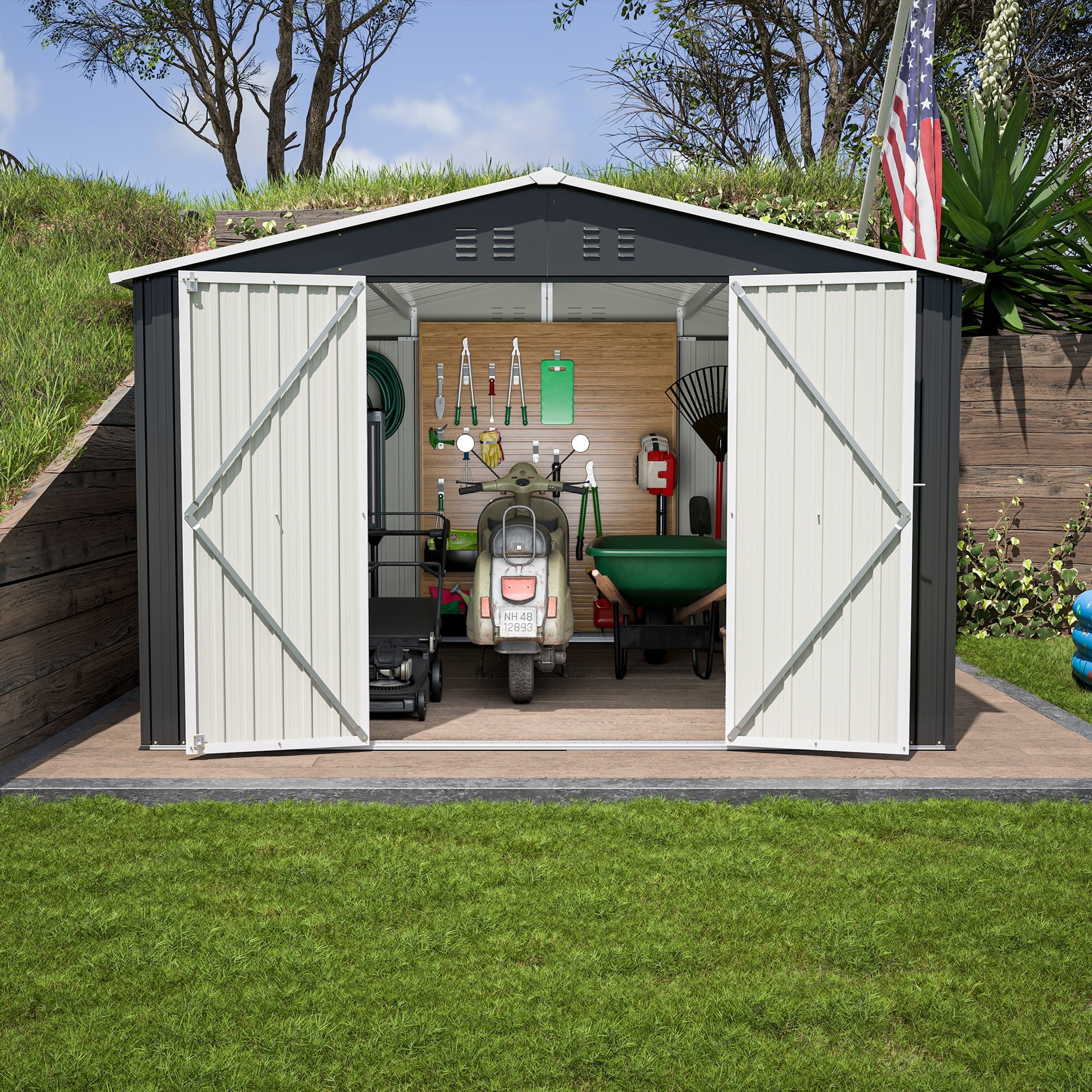 10 x 10 FT Outdoor Storage Shed, Metal Garden Shed with Lockable Doors and Updated Frame Structure, Tool Sheds for Backyard Garden Patio Lawn Black
