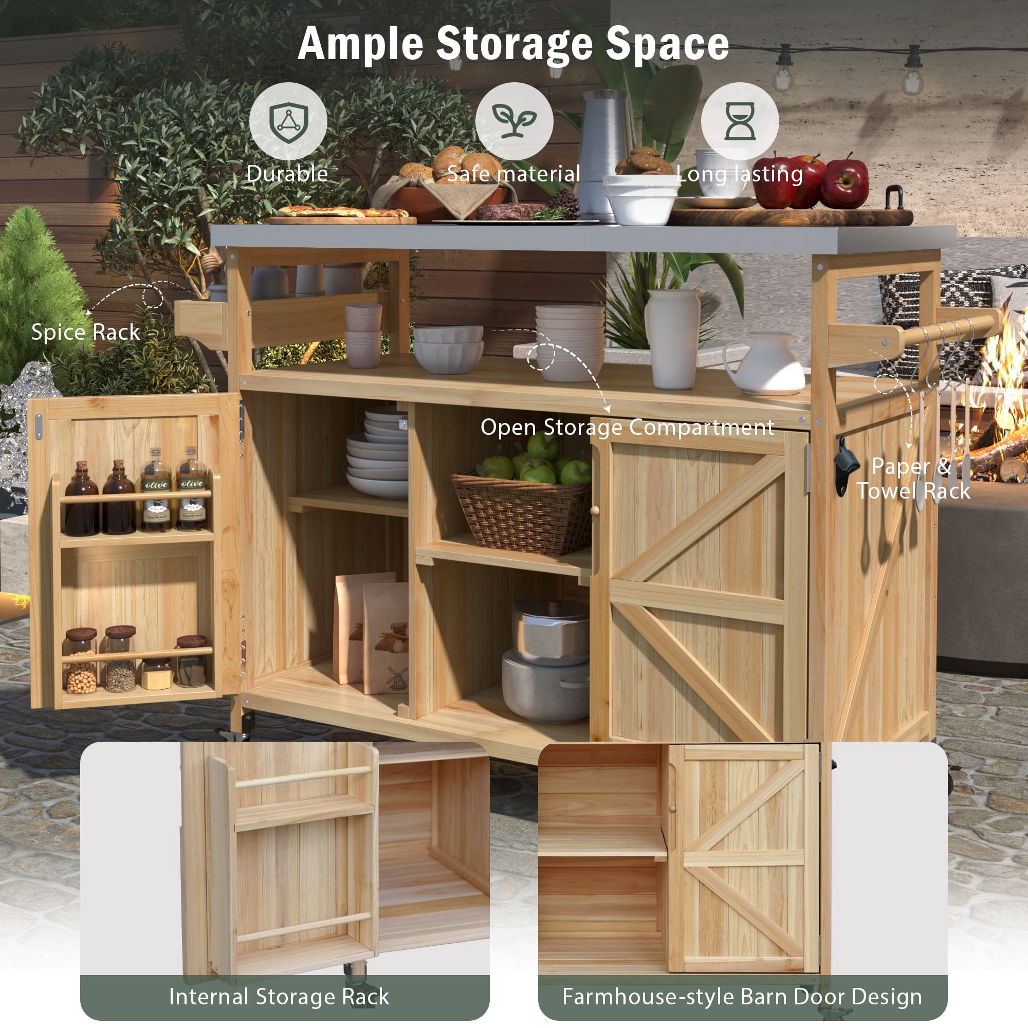 Bellemave Outdoor Kitchen Island Solid Wood Mobile Rolling Bar Cart with Lockable Wheels, Rack and Stainless Steel Top Outdoor Grill Table with Storage Cabinet for Patio, Natural
