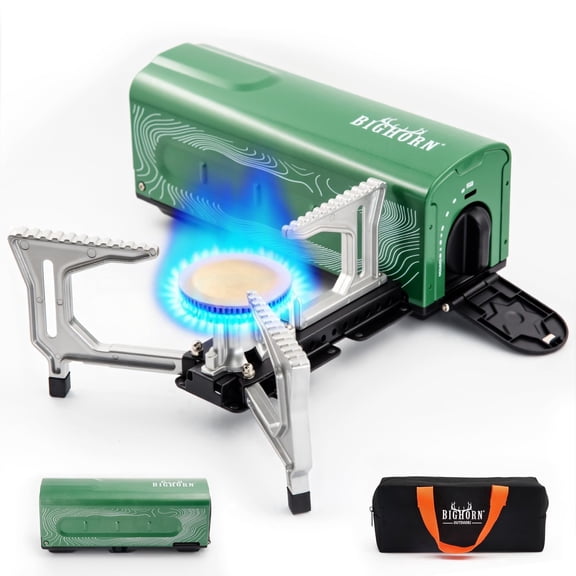 BIG HORN OUTDOORS Butane Camping Stove, 2200W Portable Folding Gas Burner with Carry Bag for Camping, Green