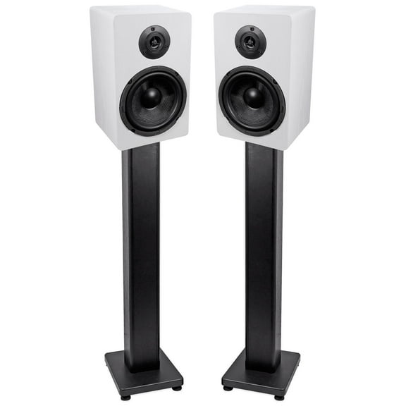 Pair Rockville RockShelf 64W White 6.5" Home Bookshelf Speakers   36" Stands