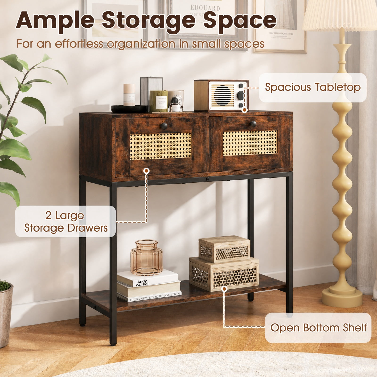 Furnibear Rattan Console Table Boho Entryway Table with 2 Rattan Drawers and Open Storage Shelf for Hallway Living Room, Rustic Brown