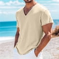 thumbnail image 2 of ZCFZJW Mens Fashion Cotton Linen Tops Casual Frayed Rage Summer Short Sleeve V Neck Basic Solid Color Athletic T-Shirts Loose Regular Fit Street Tees Tops Khaki XL, 2 of 6