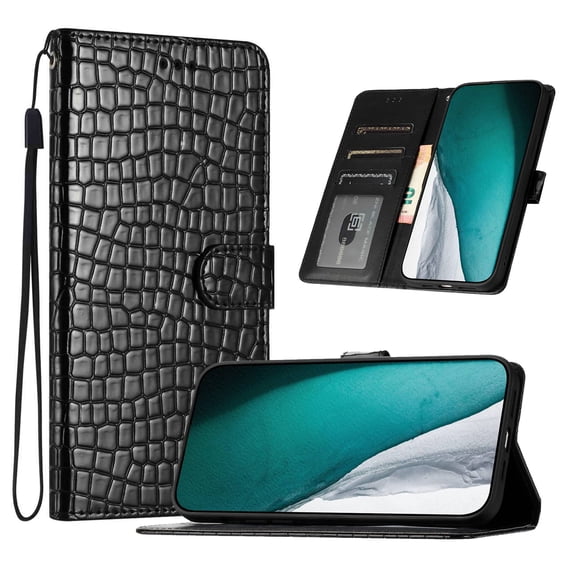 for iPhone 17 Pro Max Crocodile Texture Faux Leather Wallet Case, with Credit Card Slots Kickstand Magnetic Calsp Wrist Strap Protection Shockproof Slim Folio Flip Phone Cover, Black