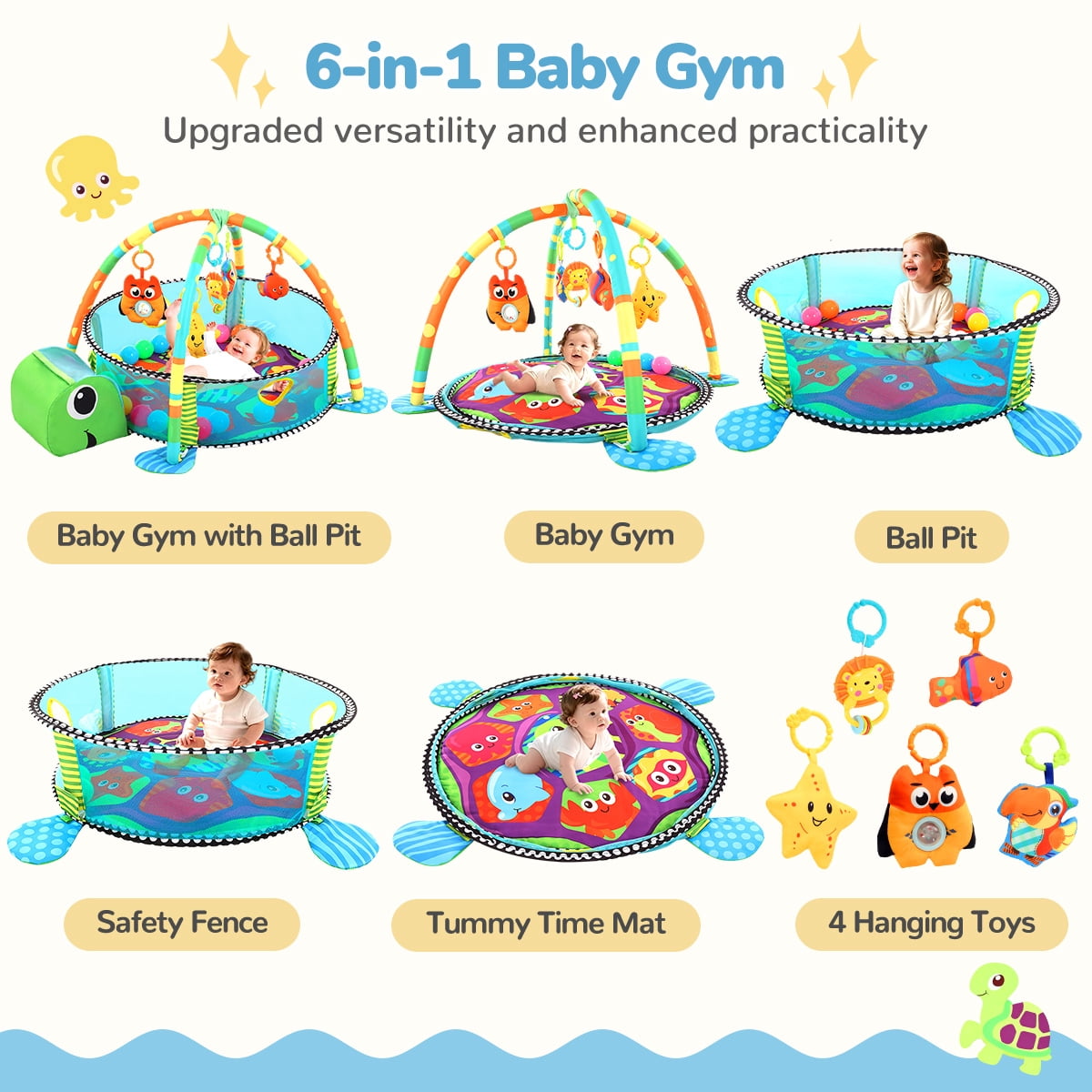 Baby Play Mat, Caveen 3 in 1 Baby Play Gym Activity Mat, with Hanging Toys and Ocean Balls, for Infants Toddlers, Blue Turtle