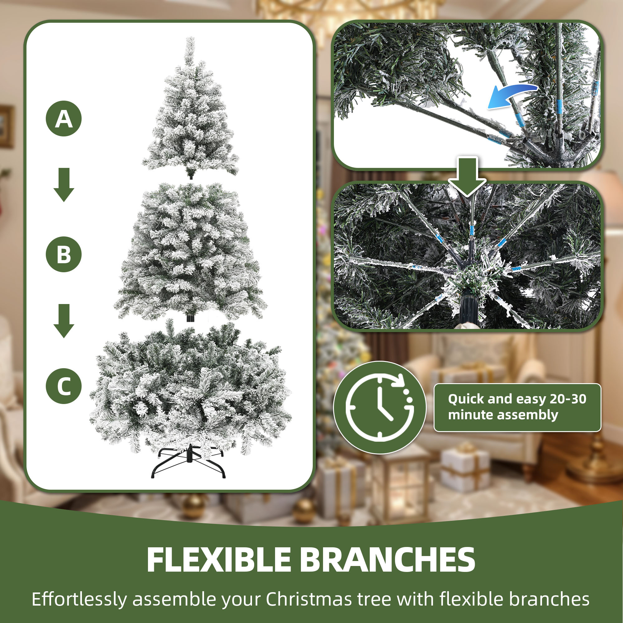 Uforic 7.5ft Pre-lit Snow Flocked Christmas Tree with 1450 Branch Tips & 550 Lights, Christmas Pine Tree with Remote, 11 Light Modes,Green