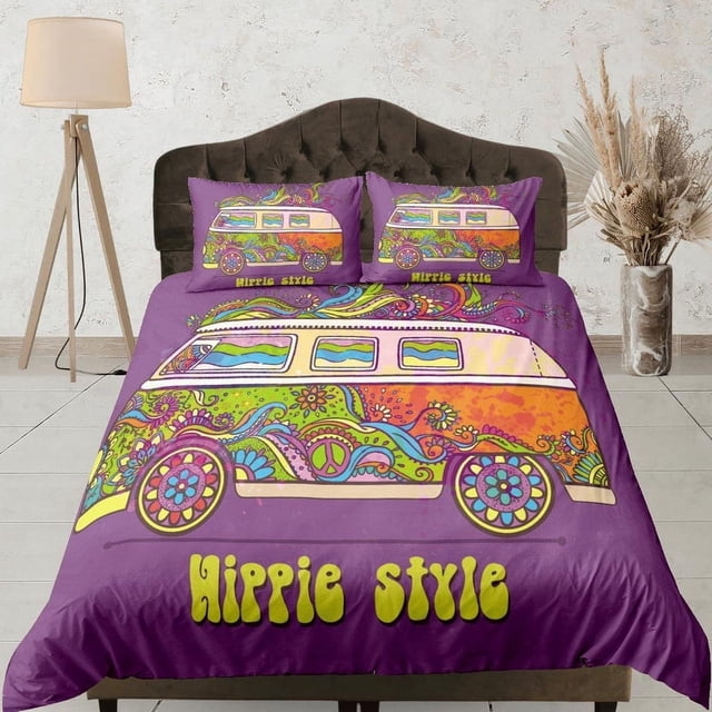 Hippie Style Colorful Bus 90S Nostalgia Purple Bedding Retro Duvet Cover Set,
