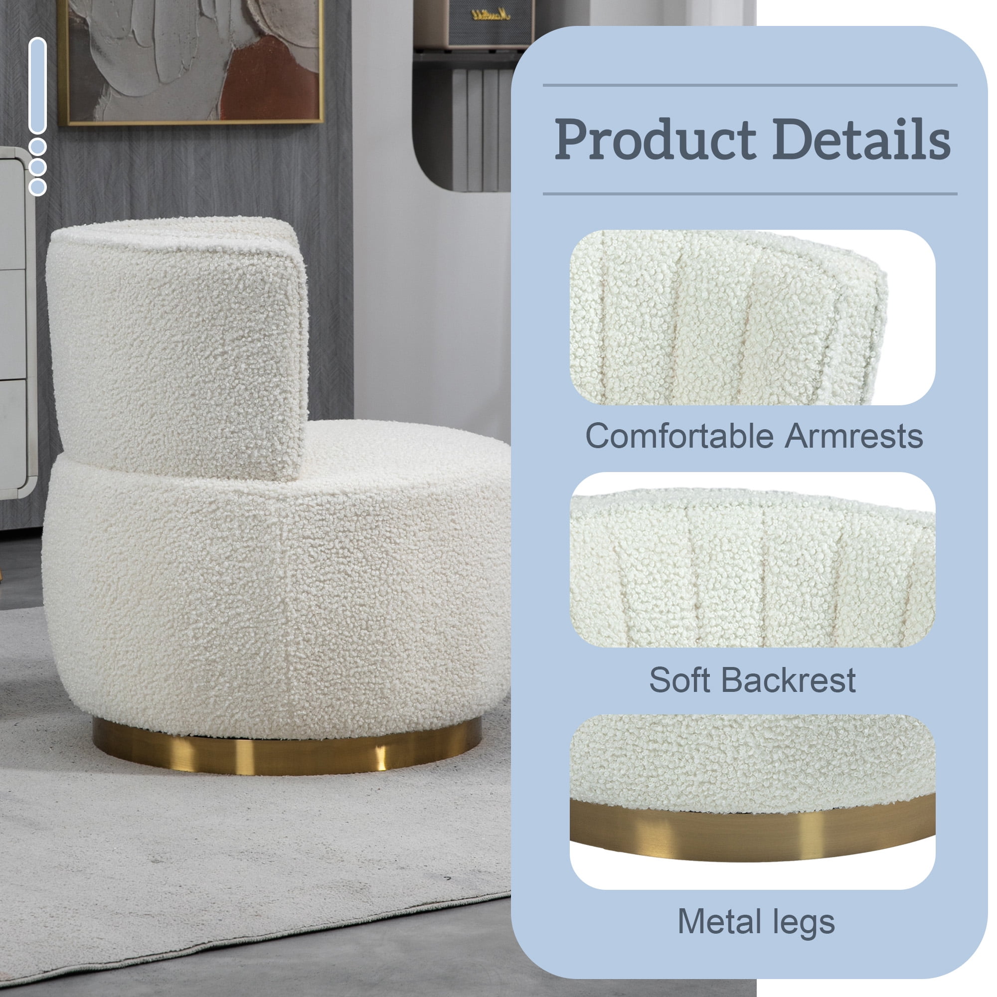 MOONMISS Teddy Fabric Upholstered 360 Degree Swivel Armless Round Barrel Chairs for Living Room-White