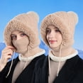 thumbnail image 3 of Women’s Knitted Beanie Hat with Face Cover - 3 in 1 Winter Balaclava with Mask Scarf Ear Muffs Pompom Fleece Lined Snow Caps Winter Gifts for Women Khaki, 3 of 6