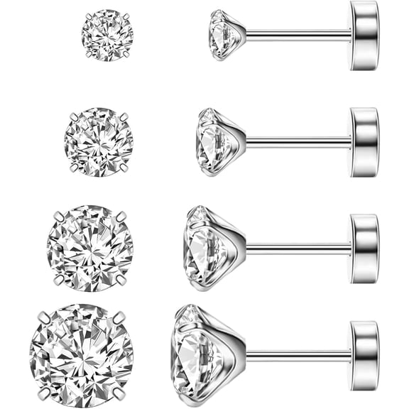 DESIGNICE Flat Back Stud Earrings,Implant Grade Titanium Earrings Set for Women,Hypoallergenic 20G Screw Back Earrings for Sensitive Ears,3–6Mm Cz Crystal,Gold Silver Black