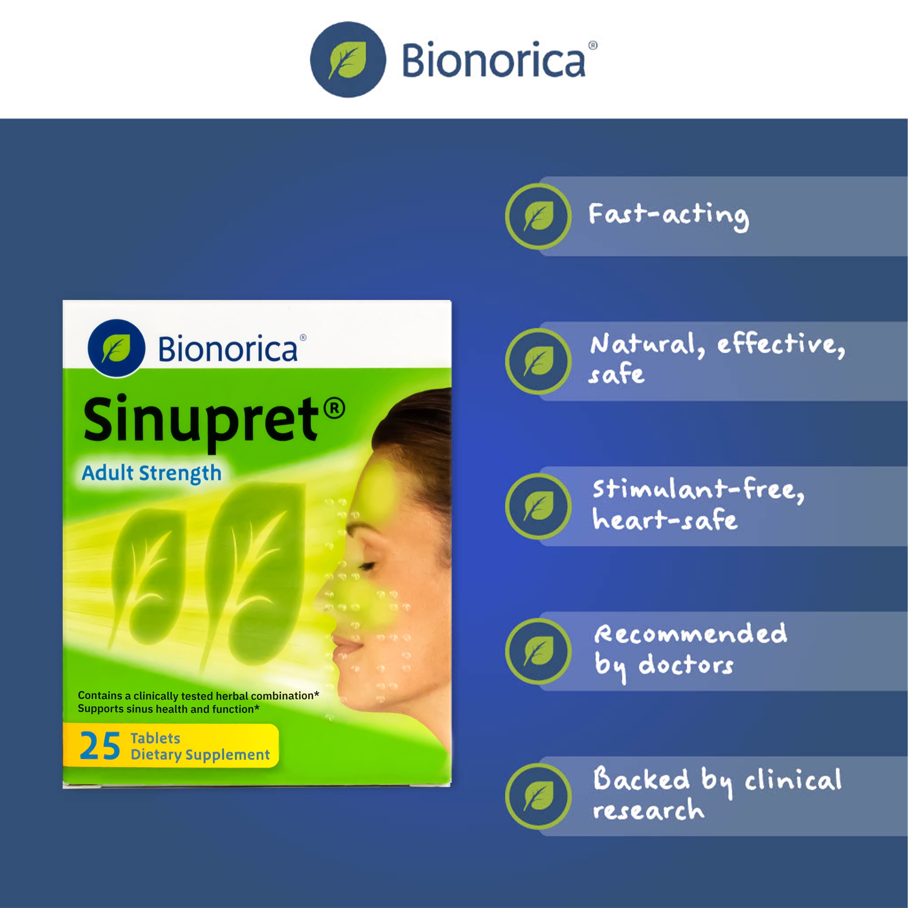 Bionorica Sinupret Adult Strength Sinus + Immune Support All Natural, Fast Acting Herbal Nasal Passage & Immunity Boost Supplement with Verbena & Elder Flower - 25 Tablets