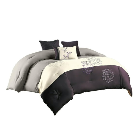 Benjara 7 Piece King Polyester Comforter Set with Leaf Embroidery, Gray and Purple
