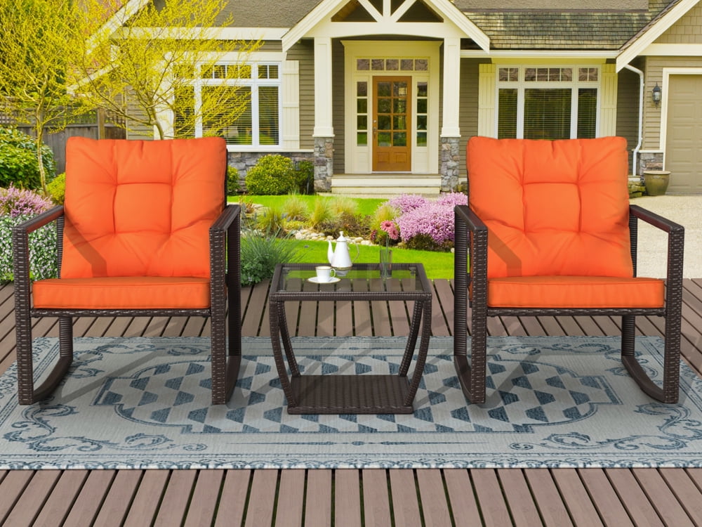 enyopro 3 Piece Bistro Set Patio Rocking Chairs, Wicker Patio Furniture Sets with White Cushions