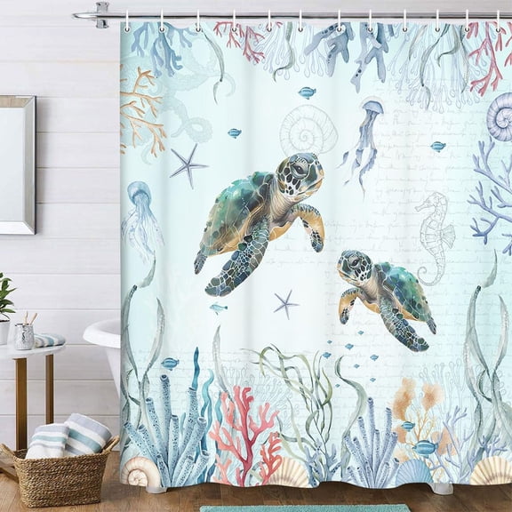 Sea Turtle Shower Curtain for Bathroom, Blue Teal Ocean Beach Coastal Bath Curtains, Fish Underwater Seashell Jellyfish Animal Decor Shower Curatin Set with Hooks 36X72IN