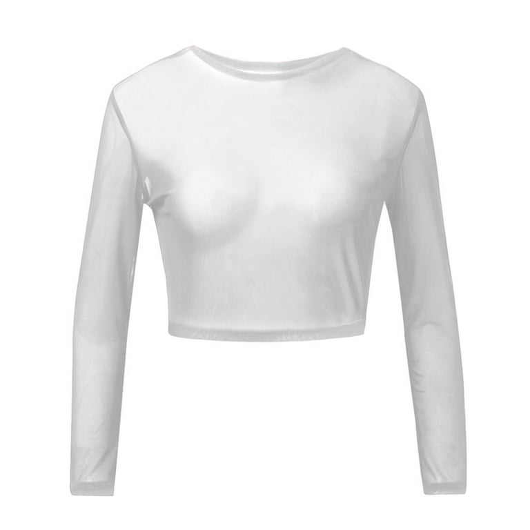 White Sheer Mesh Long Sleeve Crop Shirt